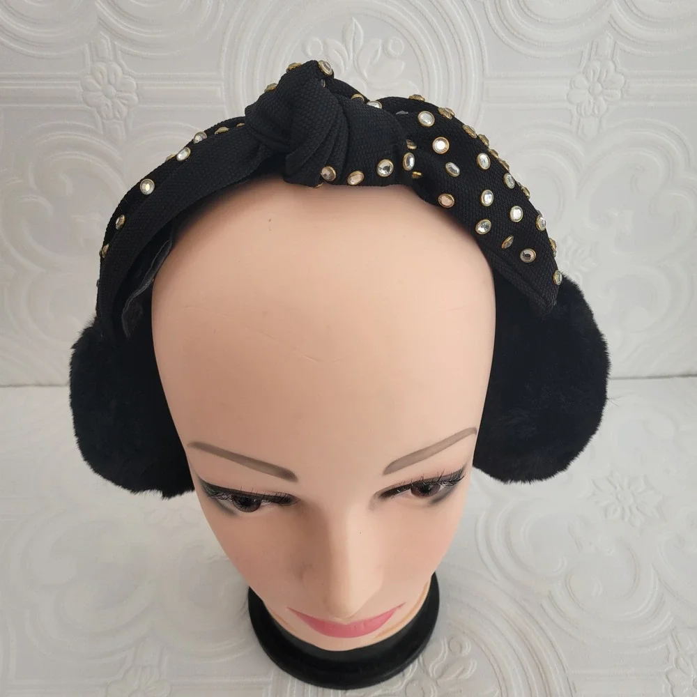Vince Camuto Earmuffs Black Embellished Studded‎ Knot Faux Fur One Size Cozy
